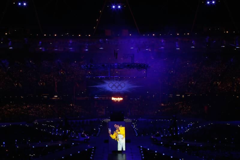 A film collage of Freddie Mercury is projected during the Closing Ceremony on Day 16 of the London 2012 Olympic Games at Olympic Stadium on August 12, 2012 in London, England.  (Photo by Jamie Squire/Getty Images)