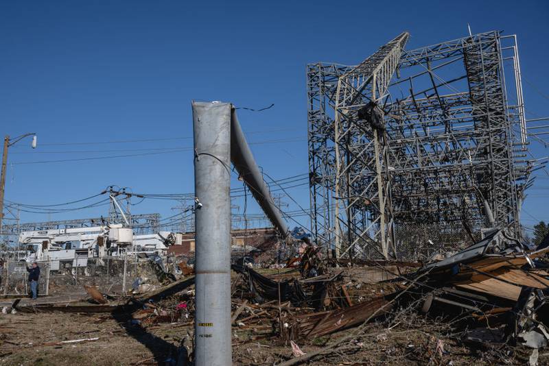MADISON, TENNESSEE - DECEMBER 10: A damaged electrical substation is seen in the aftermath of a tornado on December 10, 2023 in Madison, Tennessee. Multiple long-track tornadoes were reported in northwest Tennessee on December 9th causing multiple deaths and injuries and widespread damage. (Photo by Jon Cherry/Getty Images)
