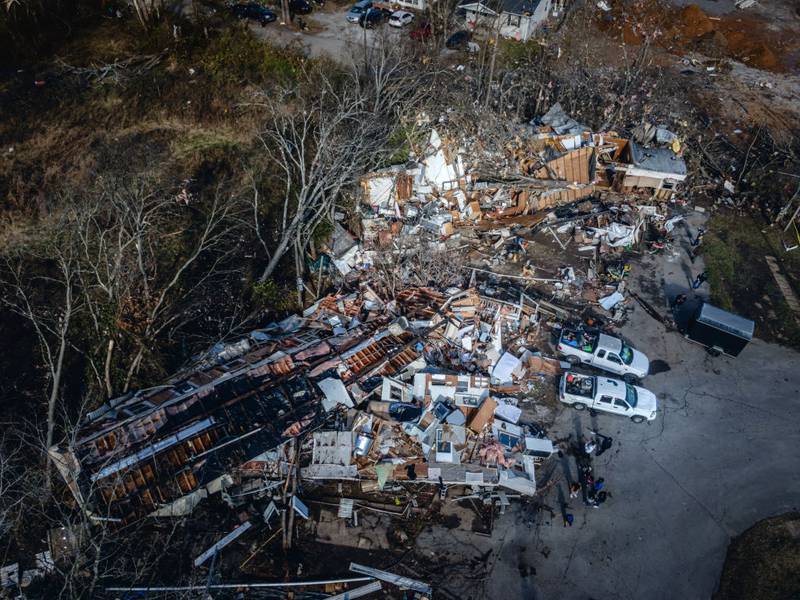 MADISON, TENNESSEE - DECEMBER 10: In an aerial view, a mobile home park where three people perished is seen in the aftermath of a tornado on December 10, 2023 in Madison, Tennessee. Multiple long-track tornadoes were reported in northwest Tennessee on December 9th causing multiple deaths and injuries and widespread damage. (Photo by Jon Cherry/Getty Images)