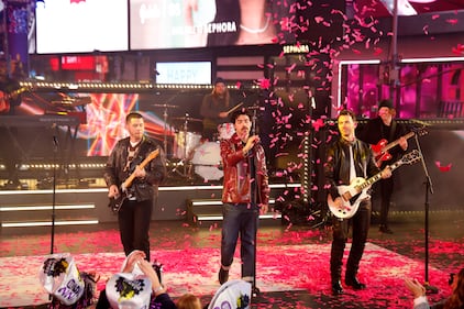 December 31, 2024: Nick Jonas, Joe Jonas and Kevin Jonas of The Jonas Brothers perform during Times Square New Year's Eve 2025 Celebration in New York City.