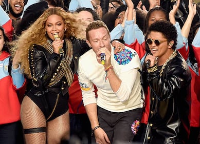 Beyonce, Coldplay and Bruno Mars at the 2016 Super Bowl