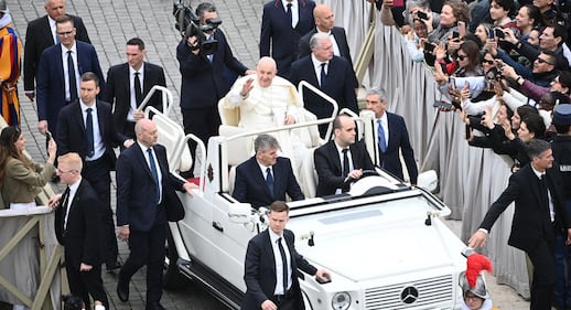 VATICAN CITY, VATICAN, MARCH 31: Pope Francis greets the faithful at the end of the Easter Sunday Mass in St. Peter's Square in Vatican City, Vatican, on March 31, 2024.Easter is a Christian festivity which celebrates the resurrection of Jesus on the third day of his death by crucifixion. (Photo by Isabella Bonotto/Anadolu via Getty Images)