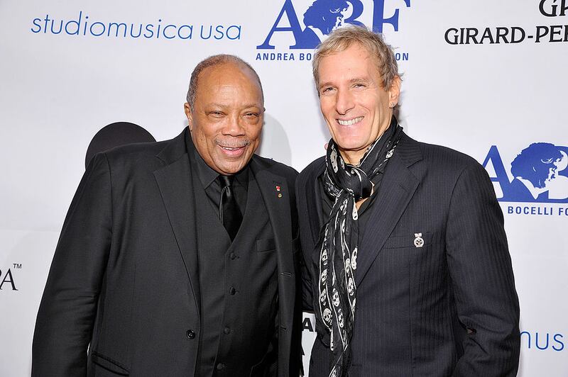 BEVERLY HILLS, CA - DECEMBER 09:  Producer Quincy Jones (L) and singer Michael Bolton attend the launch of The Andrea Bocelli Foundation at the Beverly Hilton Hotel on December 9, 2011 in Beverly Hills, California.  (Photo by John Sciulli/Getty Images for Andrea Bocelli Foundation)