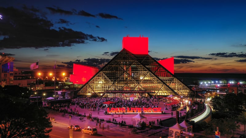 Aerial Drone Photo of the Rock and Roll Hall of Fame in Downtown Cleveland/Summer 2019.